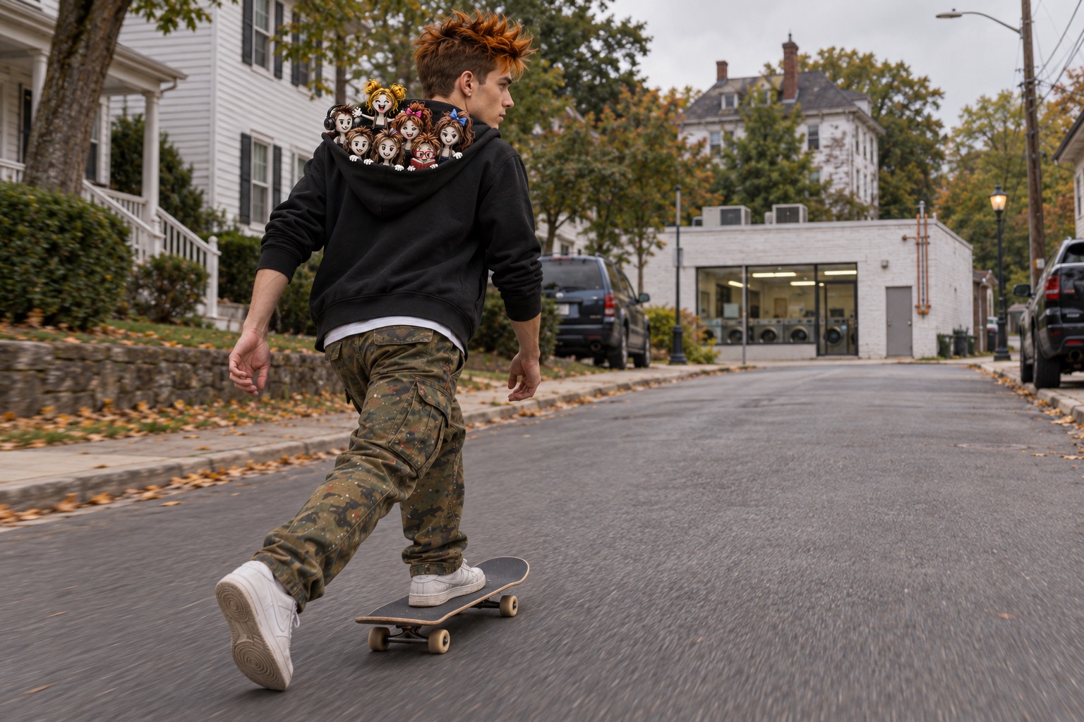 Sergio pushing his skateboard down a quiet suburban street, the binderclips peeking out of his hood; the laundromat and the old house ahead