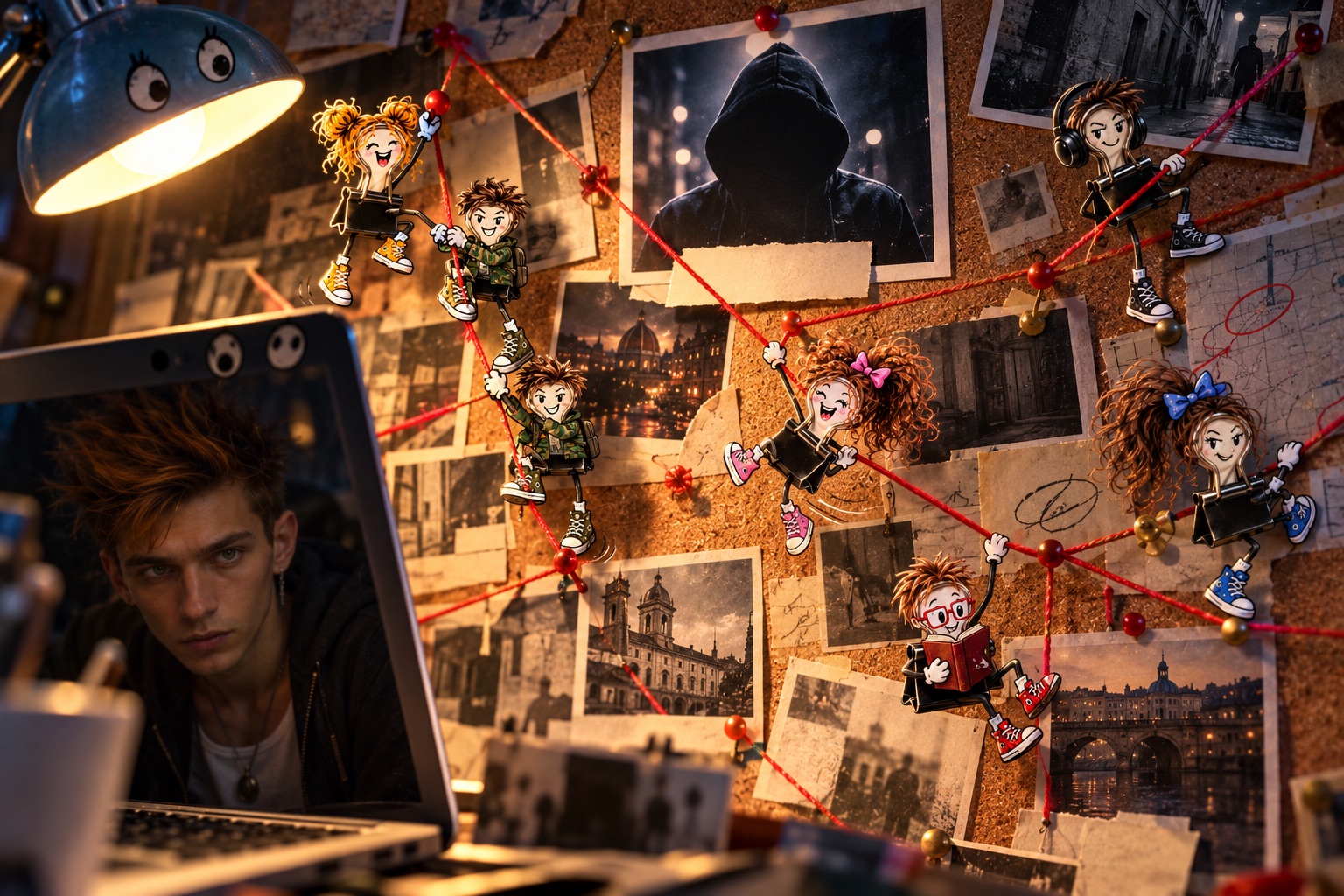 The binderclips climb the red strings of the crime board toward a hooded figure; Sergio's face reflected in the laptop