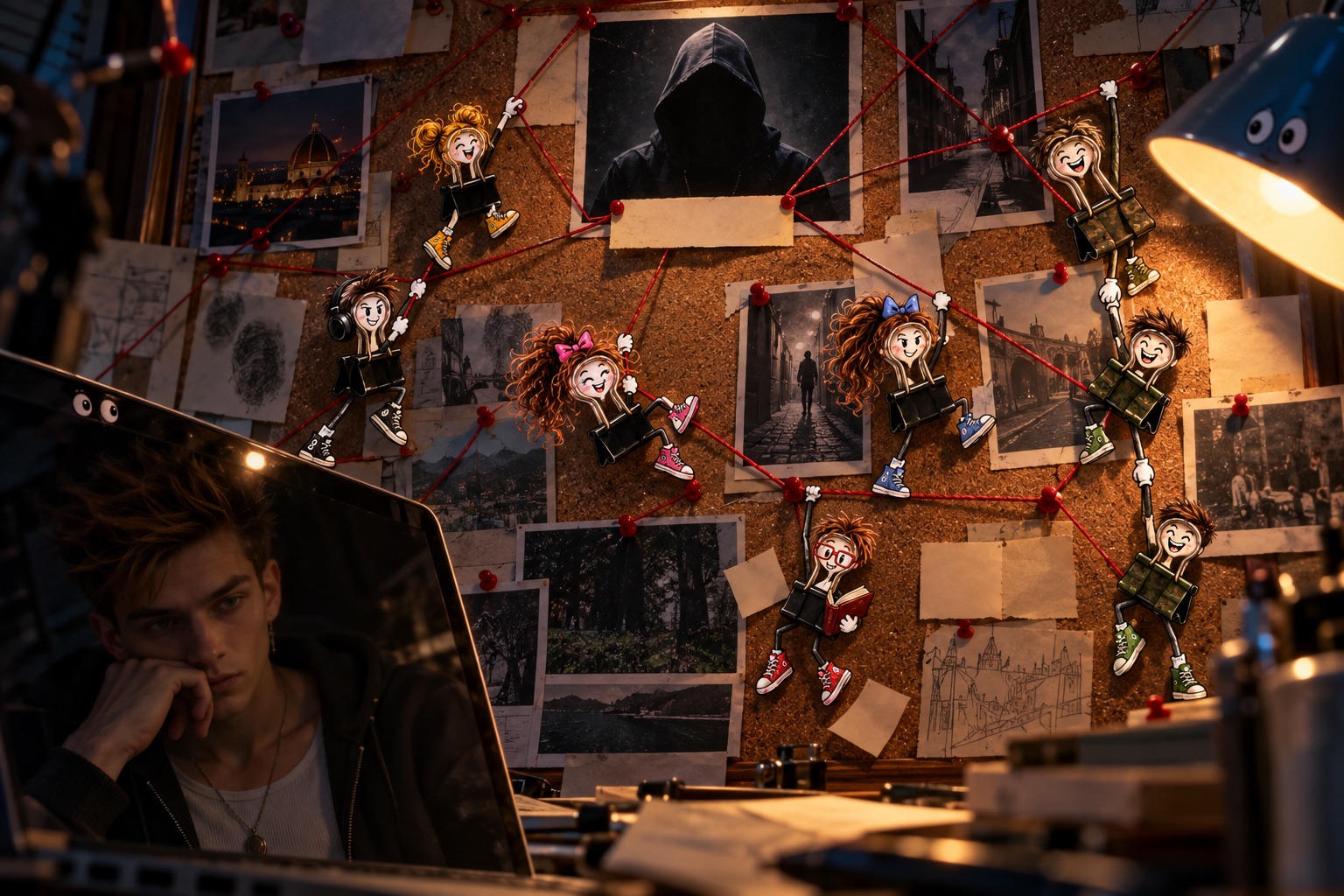 The binderclips climb the red strings of the crime board toward a hooded figure; Sergio's face reflected in the laptop